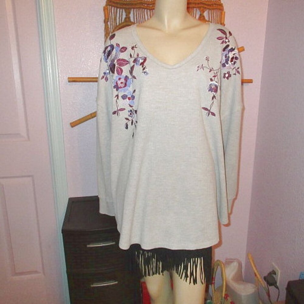 Woman Within Floral Embroidered Blouse Top Size 2X Waffle Knit Thermal Sweater
